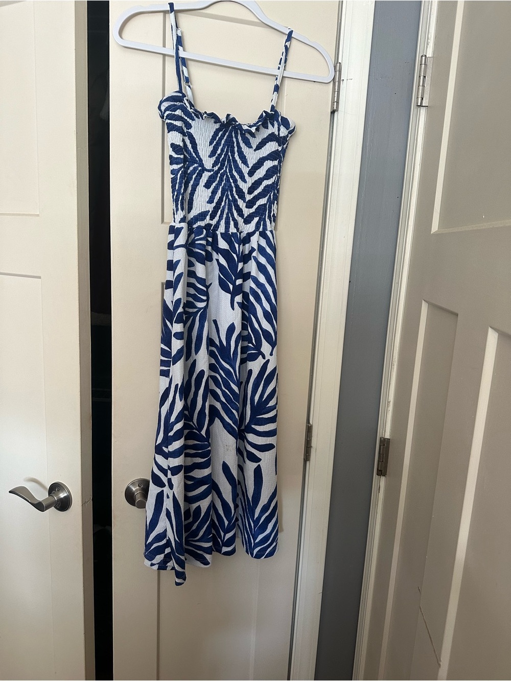 Blue and White Leaf Print Smocked Sundress